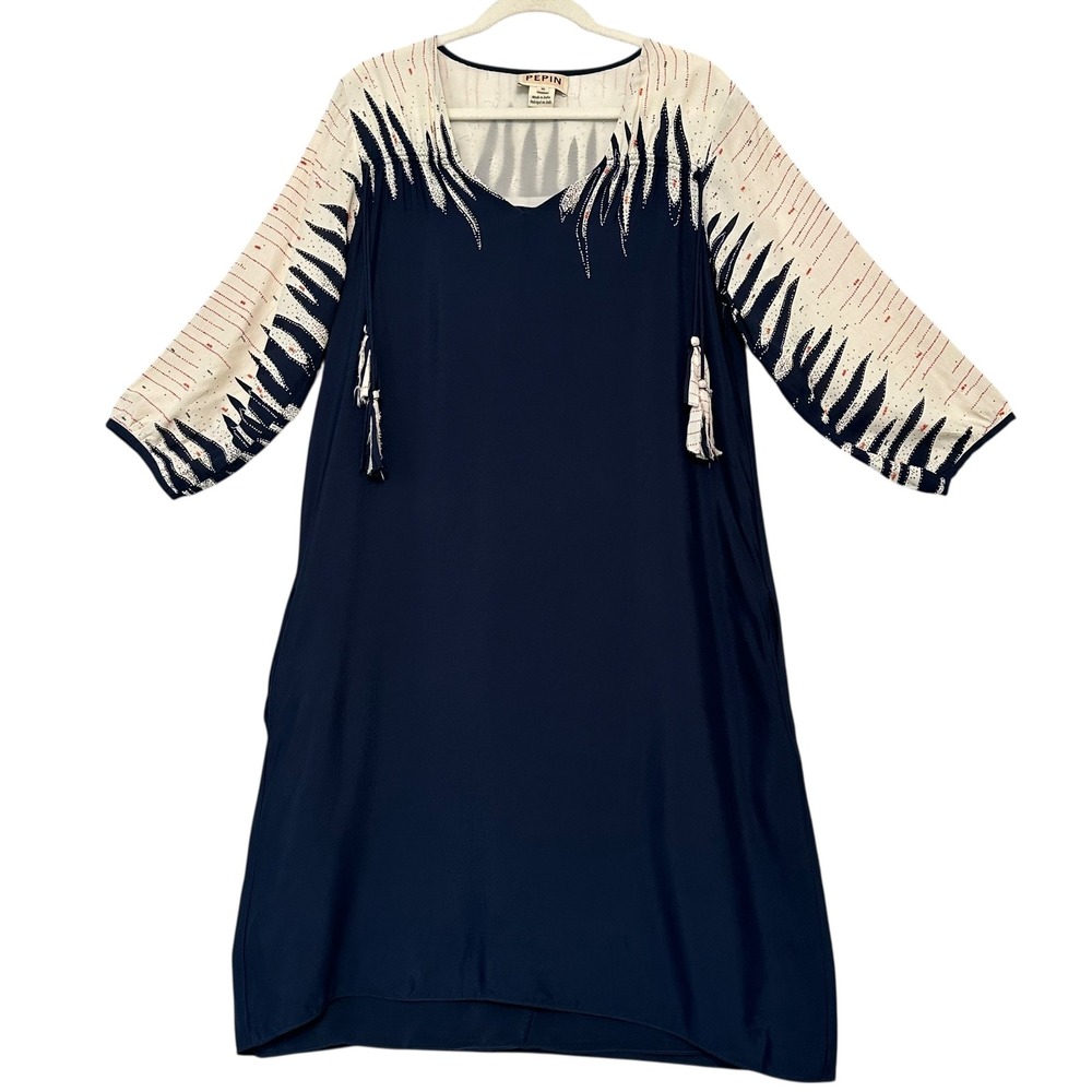 Pepin Ossana Peasant Dress Anthropologie‎ Boho Tassel Beaded Viscose Navy 10